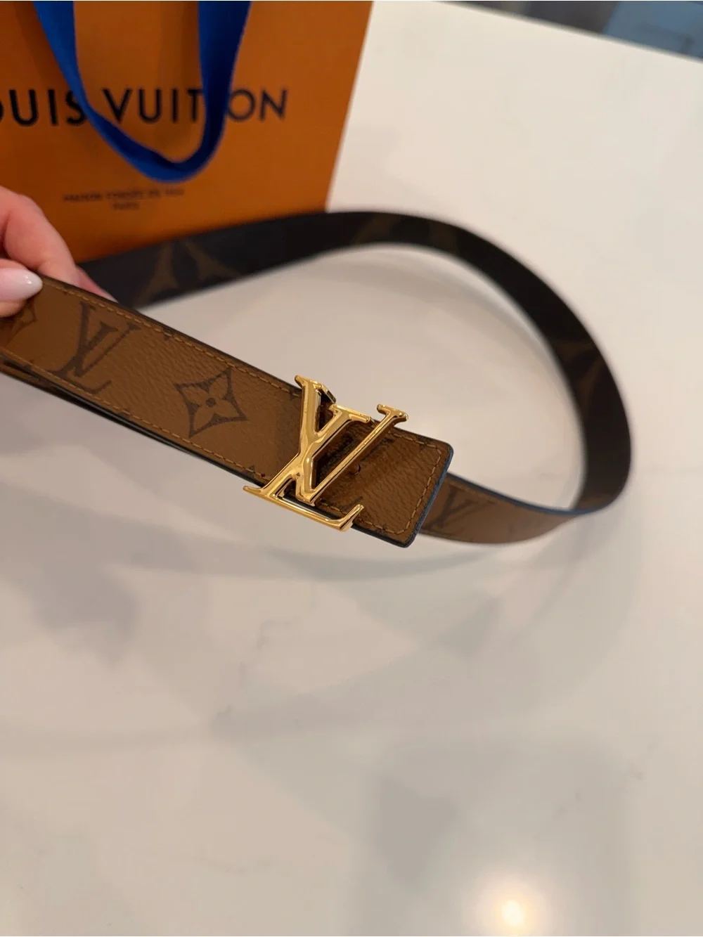 Louis Vuitton Brown Monogram Leather Belt with Gold LV Buckle